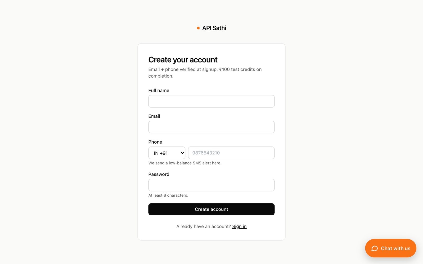 API Sathi sign-up form