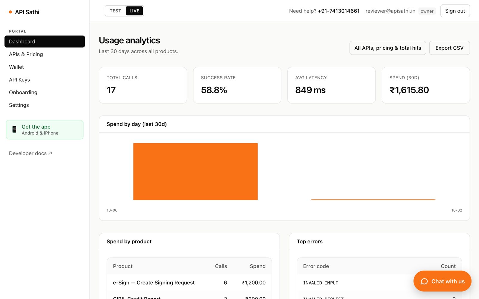 API Sathi dashboard with usage and live tail