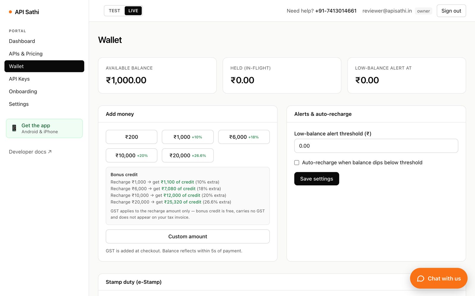 Wallet page with recharge amounts and bonus credit