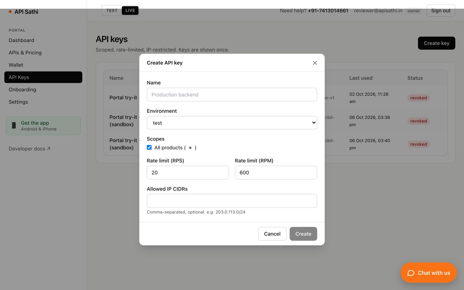 Create API key dialog