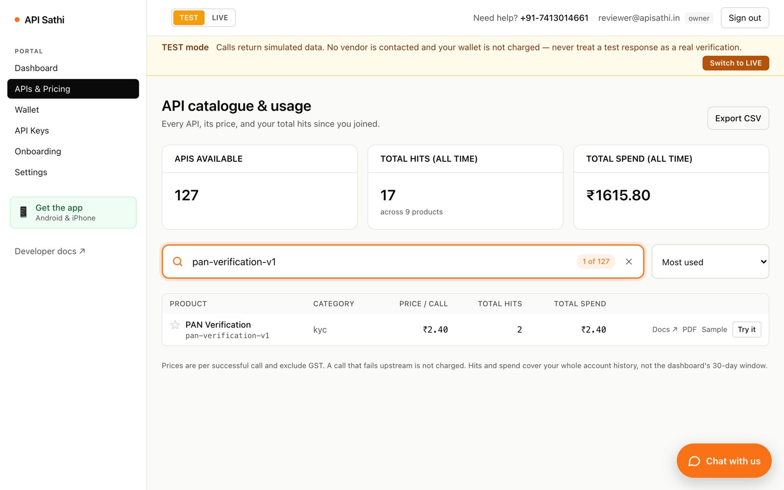 API catalogue with search and Try it